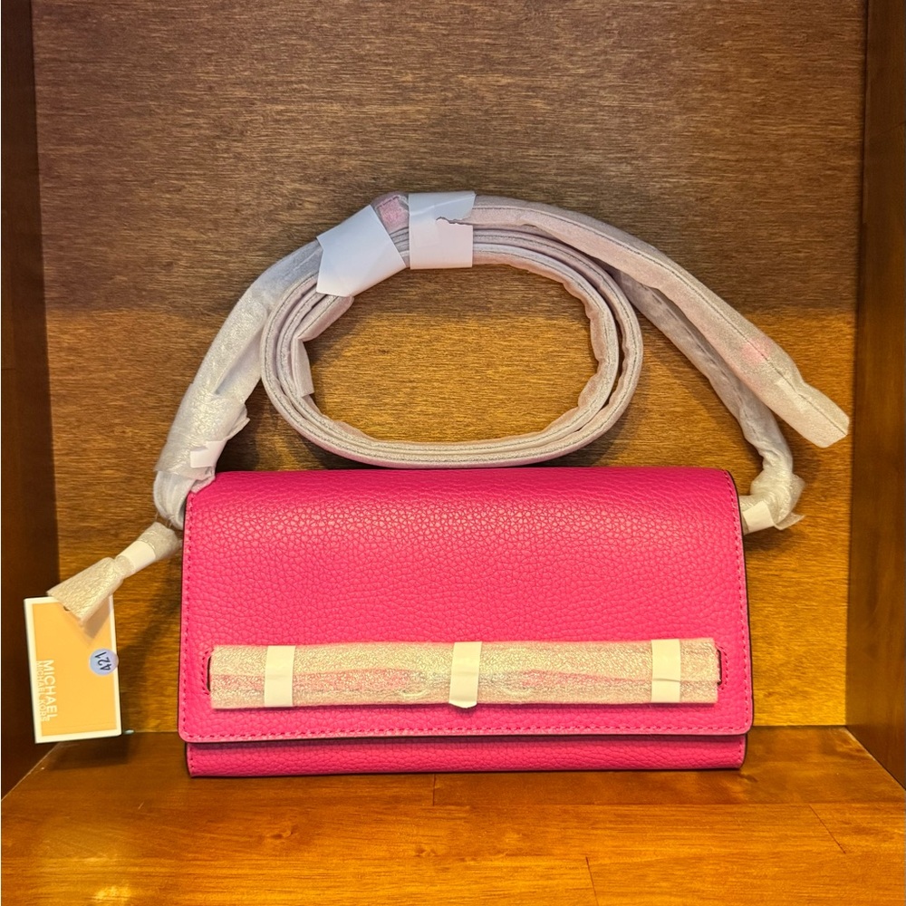Michael Kors Vibrant Pink Crossbody Clutch Wallet with a Silver Chain BNWT